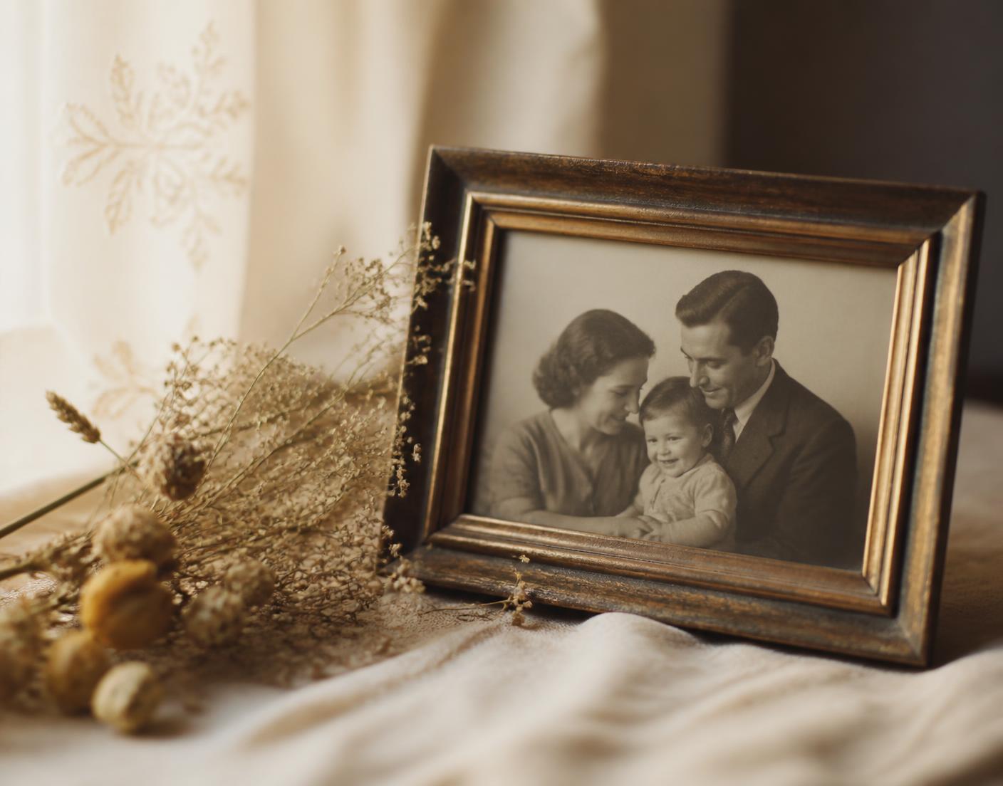 A framed family photograph resting on linen beside dried flowers